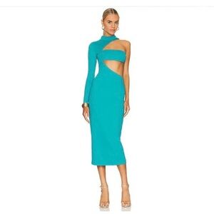 NEW REVOLVE NBD Amaia Midi Dress Cutout Bodycon Mock Turtleneck Turquoise Size L